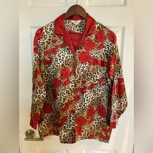Silk Satin Pajama Set, Leopard Print, Red Roses, Animal Print, Red, Brown, Beige